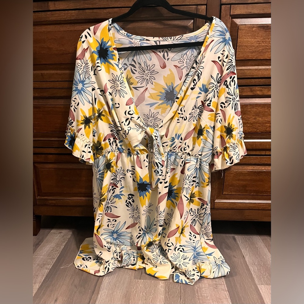 SHEIN Floral Print Blouse - Yellow, Blue, Cream